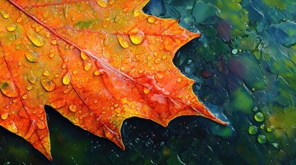 Poster - Vibrant autumn leaf with raindrops detailed close-up on colorful background showcasing nature's beauty and freshness after rainfall