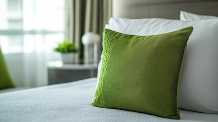 Poster - Modern bedroom interior featuring a stylish green pillow on a neatly made bed complemented by soft natural light and decorative elements.