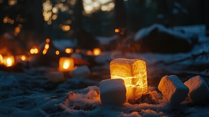 Poster - Glowing Marshmallows by Campfire in Winter Forest Surrounded by Snow and Warm Candlelight