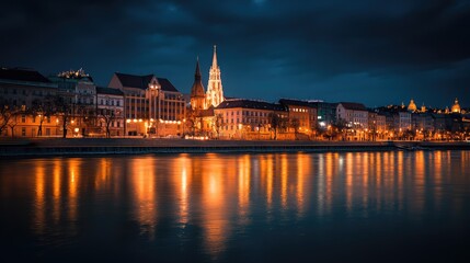 Aufkleber - Nighttime cityscape with illuminated buildings reflecting in a calm river creating a serene urban atmosphere.