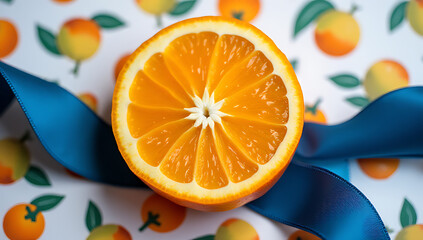 Poster - A vibrant orange slice sits atop a deep blue ribbon wrapped around a delicate fruit pattern._00004_