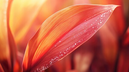 Poster - Colorful macro shot of a vibrant leaf with water droplets showcasing natural beauty and intricate details in soft lighting.