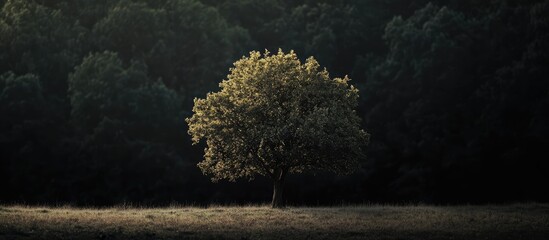 Poster - deciduous tree illuminated in a dark forest setting showcasing contrast between light and shadow in 