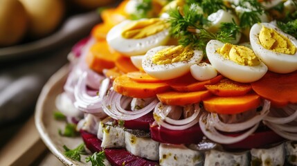 Poster - Layered salad with herring beets carrots onions potatoes and eggs beautifully arranged on a plate in a close up shot.