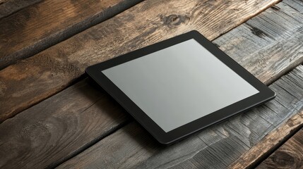 Aufkleber - Black digital tablet on rustic wooden desk showcasing a blank white screen for mockups or technology presentations