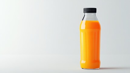 Aufkleber - Orange juice bottle on minimalist white background showcasing fresh beverage in clear packaging for commercial use and advertising.