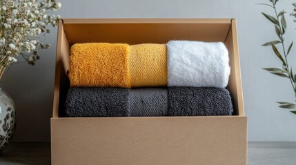 Poster - Elegant stacked luxury towels in a chic box showcasing soft textures and modern colors for bathroom or spa decor inspiration.