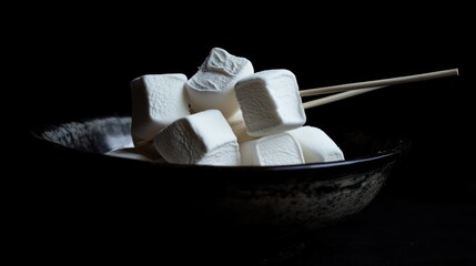 Poster - Festive white marshmallows piled in a bowl with skewers on a dark background ideal for baking or holiday gatherings