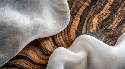 Poster - Textured fabric draping over intricately patterned wood surface showcasing the contrast between softness and natural beauty