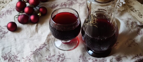 Poster - Warm mulled red wine served in elegant glass with festive decorations for a cozy Christmas ambiance