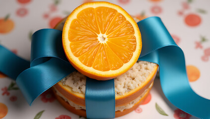 Poster - A vibrant orange slice sits atop a deep blue ribbon wrapped around a delicate fruit pattern._00002_