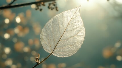 Poster - delicate transparent leaf illuminated by sunlight on a fence with soft bokeh effect in the backgroun