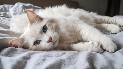 Poster - Resting White Cat with Blue Eyes Comfortably Posed on Soft Bed Linen in Cozy Indoor Setting