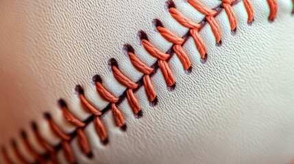 A baseball's stitching with focus on the thread and leather, outdoor setting with bright midday light, Classic style