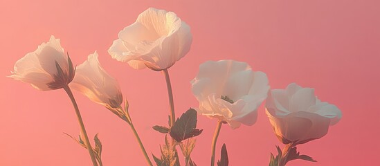 Poster - Eustoma flowers elegantly displayed with a soft pink gradient background creating a serene and delicate floral composition
