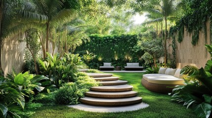 Poster - Tranquil garden oasis with lush greenery and serene seating areas for relaxation and outdoor enjoyment