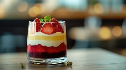 Poster - Layered jelly dessert with fresh strawberries and cream in a glass on a wooden table with a blurred background