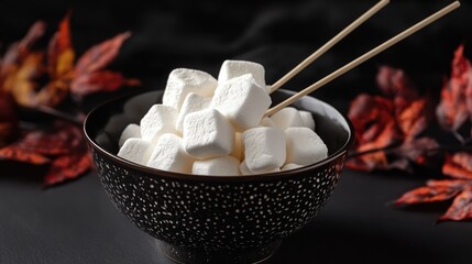 Aufkleber - Bowl of white marshmallows on skewers with autumn leaves on a black background perfect for a festive evening or cozy gathering
