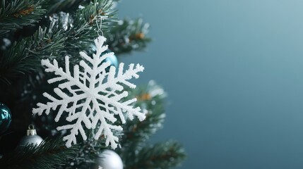 Aufkleber - Decorative Christmas tree with snowflake ornament and colorful baubles against a soft blue background for winter holiday celebrations.