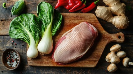 Poster - Raw duck breast with fresh organic vegetables and spices on a rustic wooden cutting board ready for soup preparation in a cozy kitchen setting