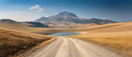 Poster - Scenic mountain landscape featuring a gravel path winding through golden fields with a tranquil reservoir and peak in the distance.