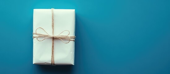 Poster - Elegant white Christmas gift wrapped with string bow on a vibrant blue background celebrating the holiday spirit and festive giving