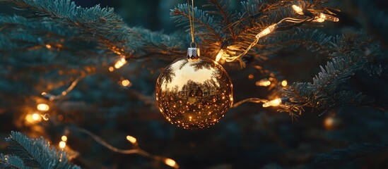 Poster - Golden Christmas ornament hanging on a pine tree branch adorned with fairy lights creating a festive and cozy holiday atmosphere.
