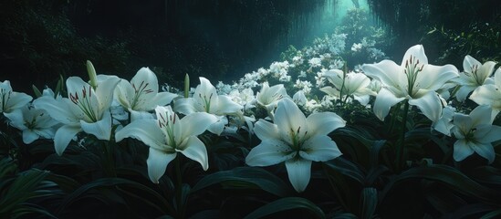Poster - Lush white lilies blooming in a serene forest setting with soft sunlight filtering through the trees creating a tranquil atmosphere.