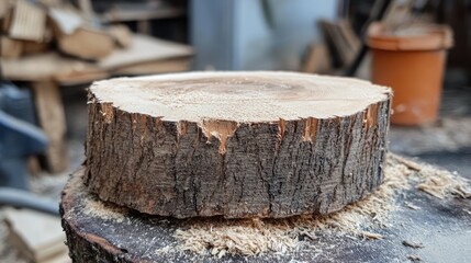 Aufkleber - Close-up of a freshly cut oak trunk showing rough and deep saw marks on the stump with wood shavings scattered around.