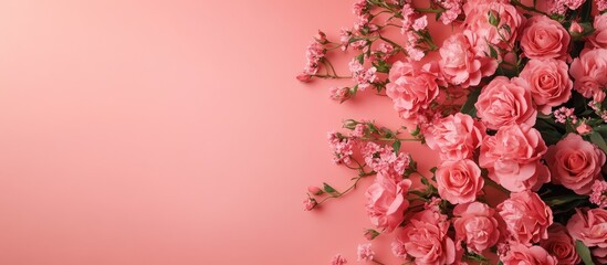 Poster - Elegant pink roses bouquet with clipboard mockup on soft pink background for festive occasions and creative designs flat lay composition