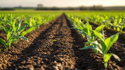 Poster - Lush green cereal field with young plants growing in neat rows under a clear sky showcasing the beauty of agricultural cultivation.