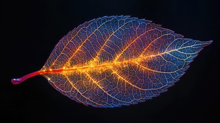 Aufkleber - Illuminated leaf veins showcasing vibrant colors against a dark background highlighting nature's intricate structure and beauty.
