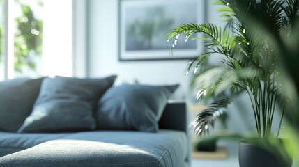 Poster - Bright and airy living room featuring a grey sofa and lush houseplant enhancing a serene atmosphere with natural light.