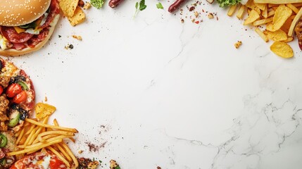 Poster - Fast food assortment on a white marble background featuring pizza, burgers, fries, and sweets with space for text or branding.