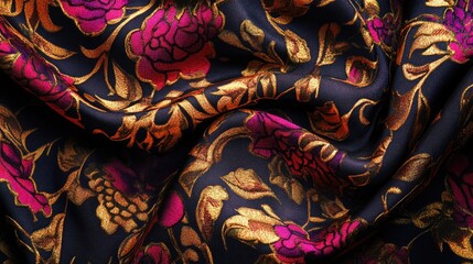 Poster - Elegant floral pattern fabric with rich colors and textures, ideal for textile design and fashion backgrounds