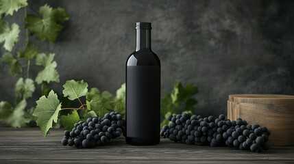 Poster - Freshly picked black grapes alongside an empty bottle on a rustic wooden background with lush green grape leaves