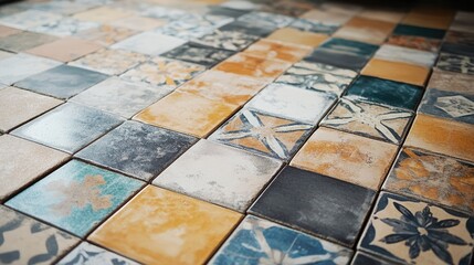 Aufkleber - Ceramic tile adhesive application for floor renovation over existing old tiles with a focus on diverse patterned tiles.