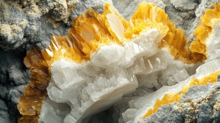 Poster - Barite Crystals with Vibrant Yellow-Orange Highlights Amidst Gray Matrix in a Detailed Geological Composition