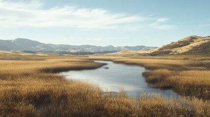 Poster - Serene Landscape of Marsh and Hills Regional Park with Calm Waterway and Rolling Hills Under Clear Sky