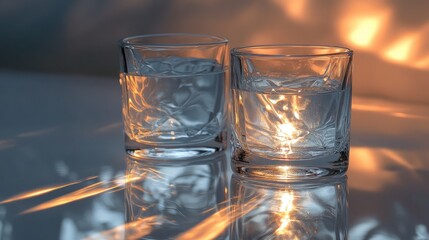Poster - Two elegant glasses of water with reflections illuminated by soft warm light creating a tranquil atmosphere.