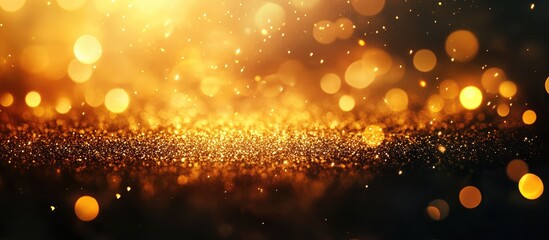 Poster - Macro close-up of shimmering gold glitter with a soft bokeh background showcasing luxury and elegance for creative projects.