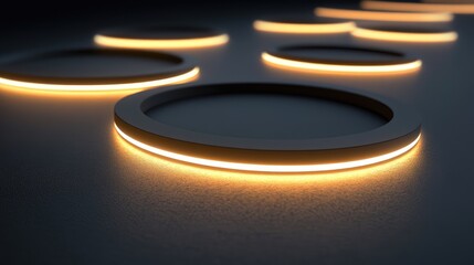 Poster - Glowing LED light strips arranged in circular patterns on a dark surface creating a modern and sleek ambiance