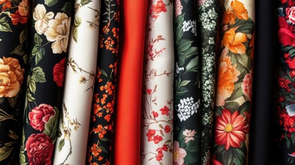 Poster - Colorful floral fabric samples arranged vertically showcasing diverse textures and patterns for fashion and design inspiration.