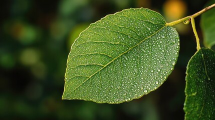 Aufkleber - Fresh green leaf with dew drops in a serene garden setting showcasing nature's beauty and intricate details of foliage.