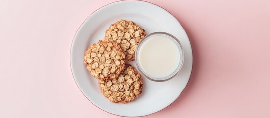 Poster - Healthy oatmeal cookies and milk on a white plate against a pastel pink background representing nutritious eating and breakfast choices.