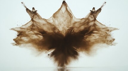 Poster - Dynamic explosion of brown powder creating an abstract dust cloud against a clean white background showcasing motion and texture.