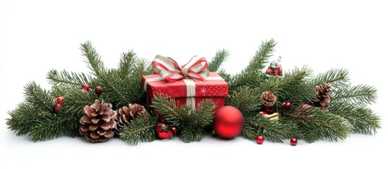 Poster - Decorative Christmas arrangement with fir branches, a red gift box, ornaments, and pine cones on a white background ideal for festive themes.