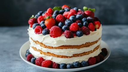 Aufkleber - Layered berry dessert cake with cream frosting displayed on a white plate against a rustic background