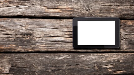 Aufkleber - Black digital tablet with blank screen placed on rustic wooden desk showcasing natural textures and contrast for modern technology depiction