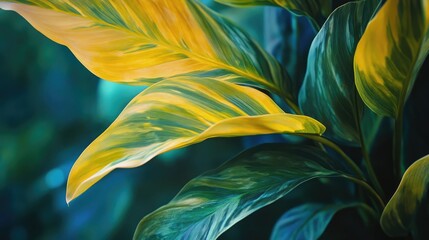Aufkleber - Vibrant close-up of lush green and yellow leaves showcasing intricate textures and colors in a rich natural setting